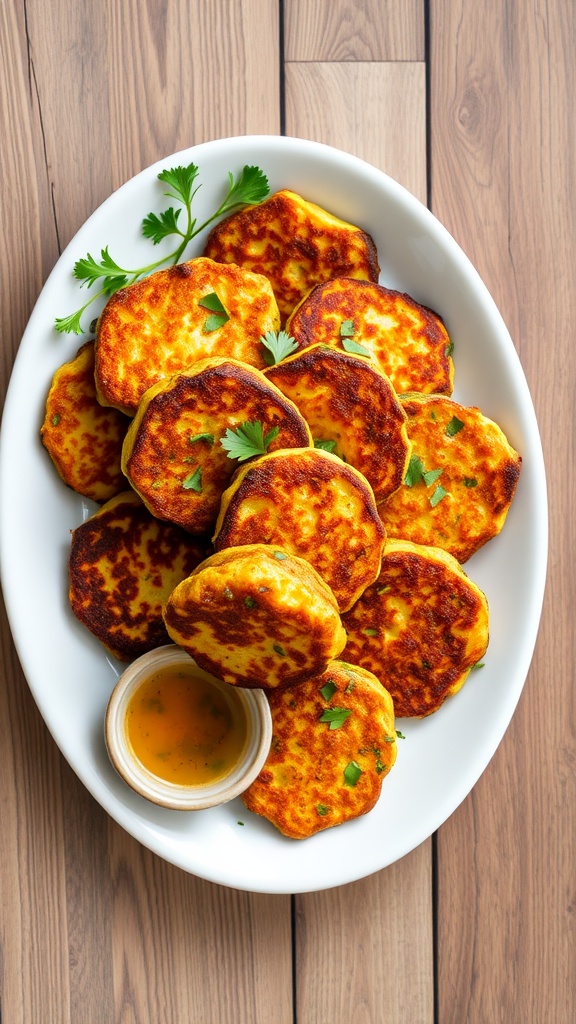 Crispy zucchini fritters on a plate with dipping sauce and herbs.